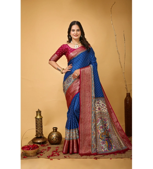 Women's Soft Dola Cotton Kalamkari Printed Saree With Unstitched Blouse 5.5Mtr (Blue)