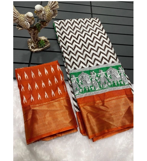 Women's Soft Dola Cotton Kalamkari Printed Saree With Unstitched Blouse 5.5Mtr (Orange)