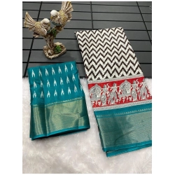 Women's Soft Dola Cotton Kalamkari Printed Saree With Unstitched Blouse 5.5Mtr (Turquoise)