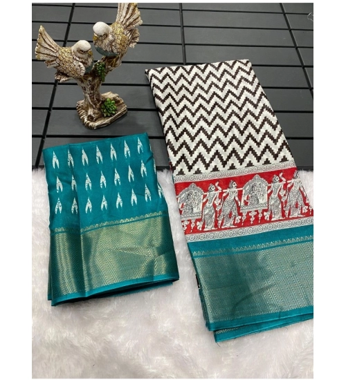 Women's Soft Dola Cotton Kalamkari Printed Saree With Unstitched Blouse 5.5Mtr (Turquoise)