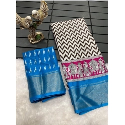 Women's Soft Dola Cotton Kalamkari Printed Saree With Unstitched Blouse 5.5Mtr (Sky Blue)