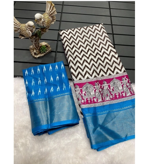 Women's Soft Dola Cotton Kalamkari Printed Saree With Unstitched Blouse 5.5Mtr (Sky Blue)