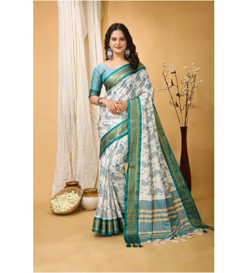 Women's Soft Cotton Silk Printed Saree With Unstitched Blouse 5.5Mtr (Turquoise)