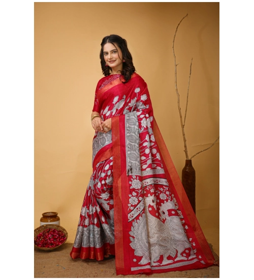 Women's Soft Handloom Cotton Kalamkari Printed Saree With Unstitched Blouse 5.5Mtr (Pink)