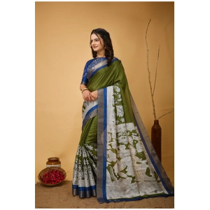 Generic Women's Soft Handloom Cotton Kalamkari Printed Saree With Unstitched Blouse 5.5Mtr (Mehendi)