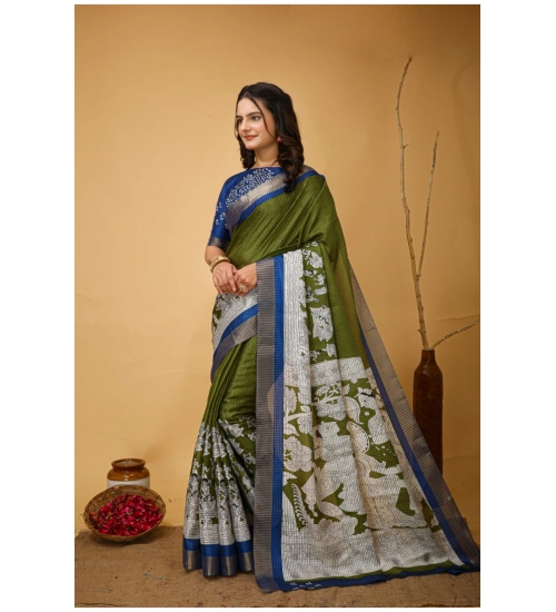 Women's Soft Handloom Cotton Kalamkari Printed Saree With Unstitched Blouse 5.5Mtr (Mehendi)