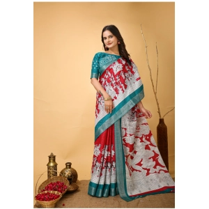 Generic Women's Soft Handloom Cotton Kalamkari Printed Saree With Unstitched Blouse 5.5Mtr (Red)