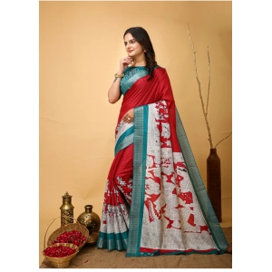 Generic Women's Soft Handloom Cotton Kalamkari Printed Saree With Unstitched Blouse 5.5Mtr (Red)
