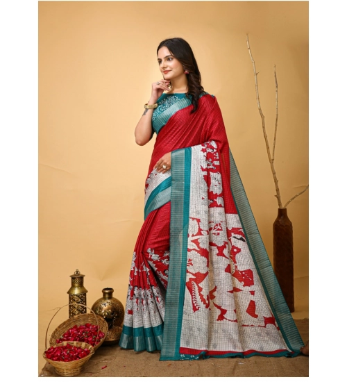 Women's Soft Handloom Cotton Kalamkari Printed Saree With Unstitched Blouse 5.5Mtr (Red)
