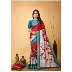 Women's Soft Handloom Cotton Kalamkari Printed Saree With Unstitched Blouse 5.5Mtr (Red)