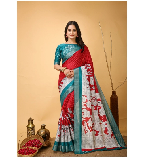 Women's Soft Handloom Cotton Kalamkari Printed Saree With Unstitched Blouse 5.5Mtr (Red)