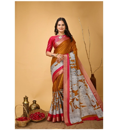Women's Soft Handloom Cotton Kalamkari Printed Saree With Unstitched Blouse 5.5Mtr (Mustard)