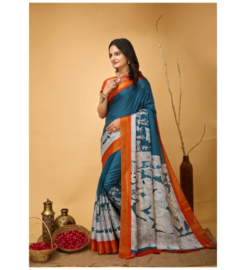 Women's Soft Handloom Cotton Kalamkari Printed Saree With Unstitched Blouse 5.5Mtr (Teal Blue)