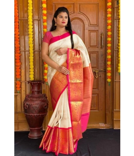 Women's Soft Lichi Silk Printed Saree With Unstitched Blouse 5.5Mtr (Cream) Women's Soft Lichi Silk Printed Saree With Unstitched Blouse 5.5Mtr (Cream)