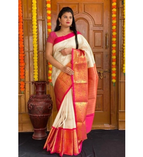 Women's Soft Lichi Silk Printed Saree With Unstitched Blouse 5.5Mtr (Cream)