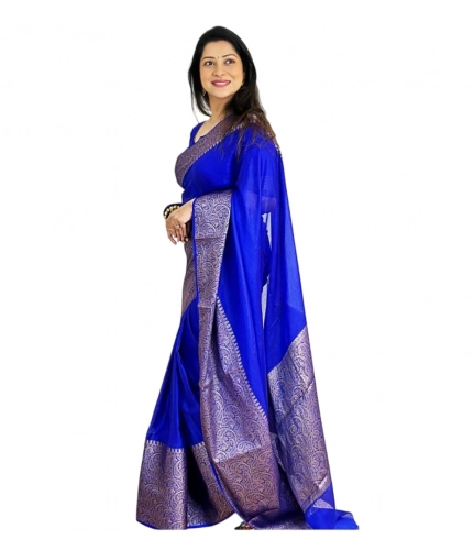 Women's Soft Lichi Silk Solid Saree With Unstitched Blouse 5.5Mtr (Blue)