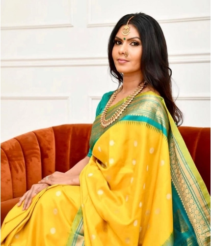 Women's Soft Lichi Silk Printed Saree With Unstitched Blouse 5.5Mtr (Yellow)