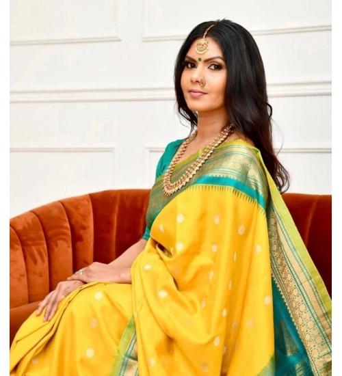 Women's Soft Lichi Silk Printed Saree With Unstitched Blouse 5.5Mtr (Yellow)