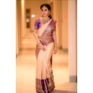 Generic Women's Soft Lichi Silk Printed Saree With Unstitched Blouse 5.5Mtr (Purple)