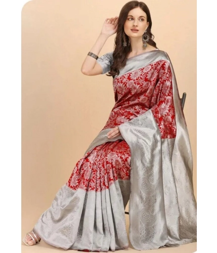 Women's Soft Lichi Silk Printed Saree With Unstitched Blouse 5.5Mtr (Red) Women's Soft Lichi Silk Printed Saree With Unstitched Blouse 5.5Mtr (Red)