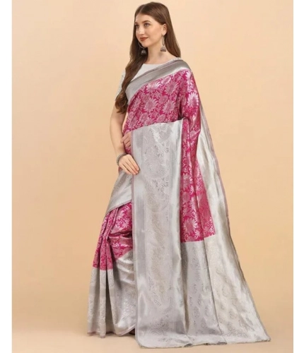 Women's Soft Lichi Silk Printed Saree With Unstitched Blouse 5.5Mtr (Pink) Women's Soft Lichi Silk Printed Saree With Unstitched Blouse 5.5Mtr (Pink)