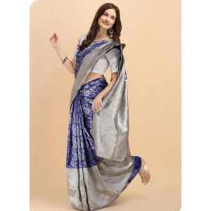 Generic Women's Soft Lichi Silk Printed Saree With Unstitched Blouse 5.5Mtr (Blue)