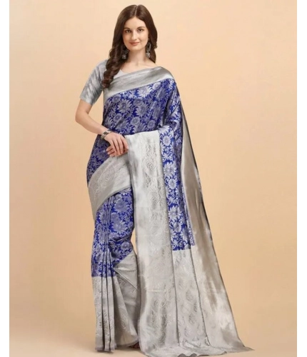 Women's Soft Lichi Silk Printed Saree With Unstitched Blouse 5.5Mtr (Blue)