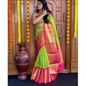 Generic Women's Soft Lichi Silk Printed Saree With Unstitched Blouse 5.5Mtr (Green)