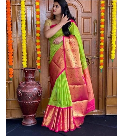 Women's Soft Lichi Silk Printed Saree With Unstitched Blouse 5.5Mtr (Green)