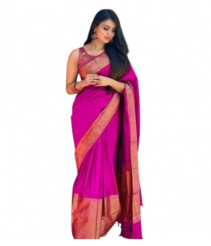 Women's Soft Lichi Silk Solid Saree With Unstitched Blouse 5.5Mtr (Pink)