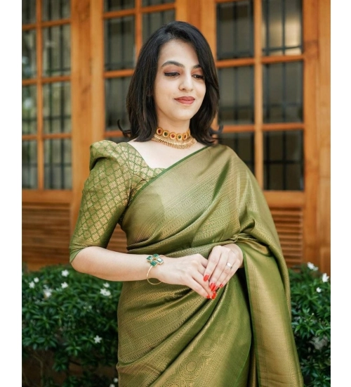 Women's Soft Lichi Silk Printed Saree With Unstitched Blouse 5.5Mtr (Green)