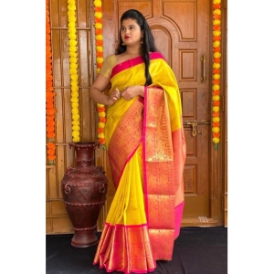 Generic Women's Soft Lichi Silk Printed Saree With Unstitched Blouse 5.5Mtr (Yellow)