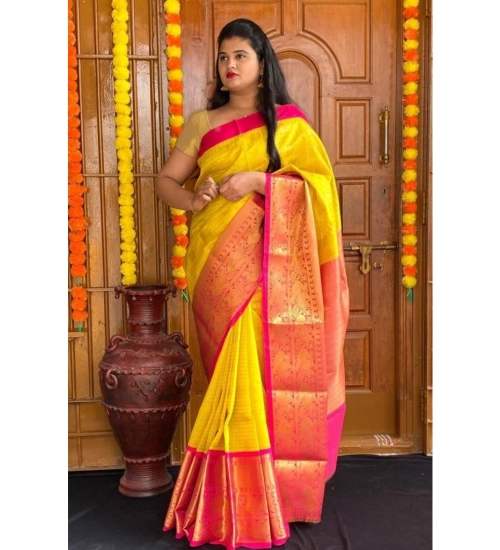 Women's Soft Lichi Silk Printed Saree With Unstitched Blouse 5.5Mtr (Yellow) Women's Soft Lichi Silk Printed Saree With Unstitched Blouse 5.5Mtr (Yellow)