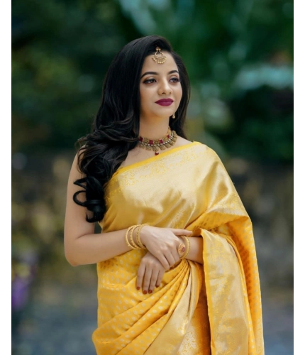 Women's Soft Lichi Silk Printed Saree With Unstitched Blouse 5.5Mtr (Yellow)