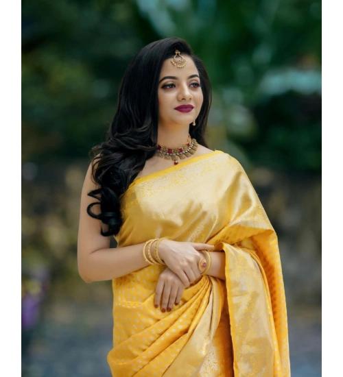 Women's Soft Lichi Silk Printed Saree With Unstitched Blouse 5.5Mtr (Yellow)