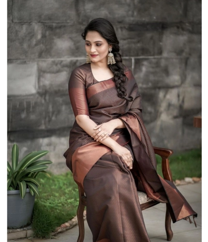Women's Soft Lichi Silk Printed Saree With Unstitched Blouse 5.5Mtr (Brown) Women's Soft Lichi Silk Printed Saree With Unstitched Blouse 5.5Mtr (Brown)