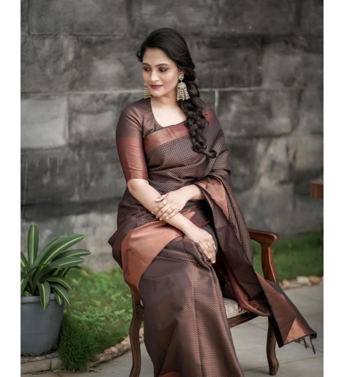 Women's Soft Lichi Silk Printed Saree With Unstitched Blouse 5.5Mtr (Brown)