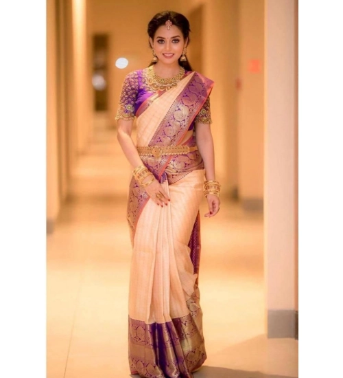 Women's Soft Lichi Silk Printed Saree With Unstitched Blouse 5.5Mtr (Purple)