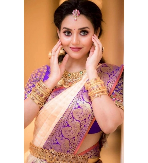 Women's Soft Lichi Silk Printed Saree With Unstitched Blouse 5.5Mtr (Purple)