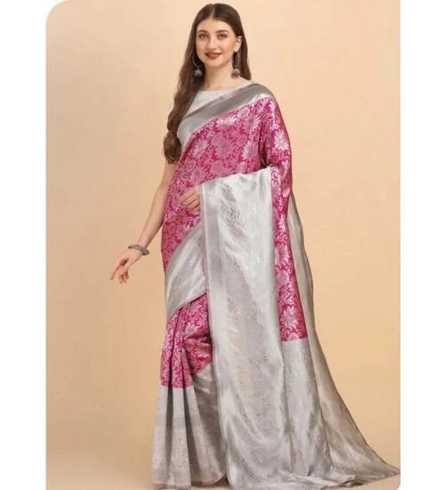 Women's Soft Lichi Silk Printed Saree With Unstitched Blouse 5.5Mtr (Pink)