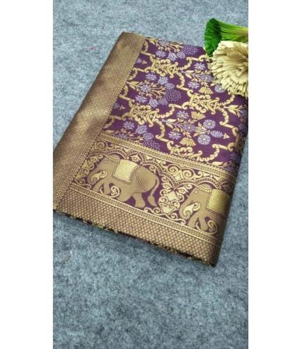 Women's Soft Lichi Silk Printed Saree With Unstitched Blouse 5.5Mtr (Purple)