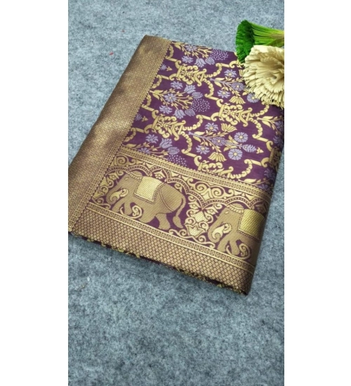 Women's Soft Lichi Silk Printed Saree With Unstitched Blouse 5.5Mtr (Purple)