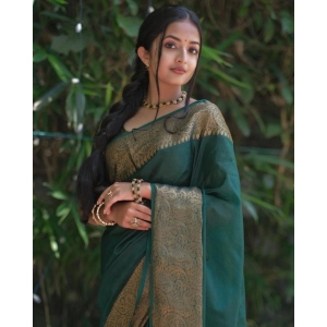Generic Women's Soft Lichi Silk Solid Saree With Unstitched Blouse 5.5Mtr (Green)