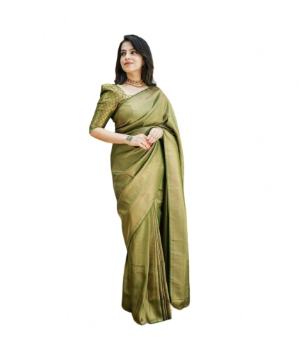 Women's Soft Lichi Silk Printed Saree With Unstitched Blouse 5.5Mtr (Green)