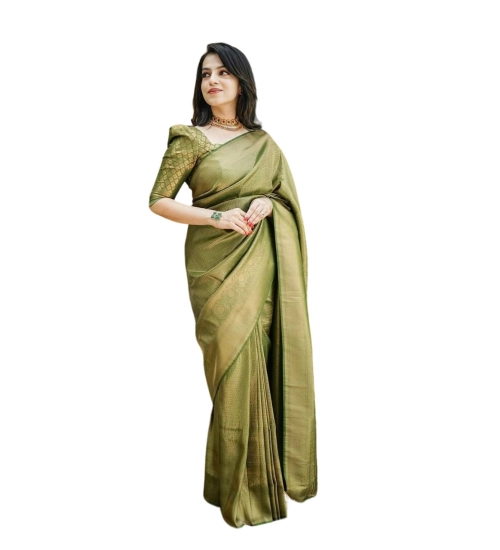 Women's Soft Lichi Silk Printed Saree With Unstitched Blouse 5.5Mtr (Green)