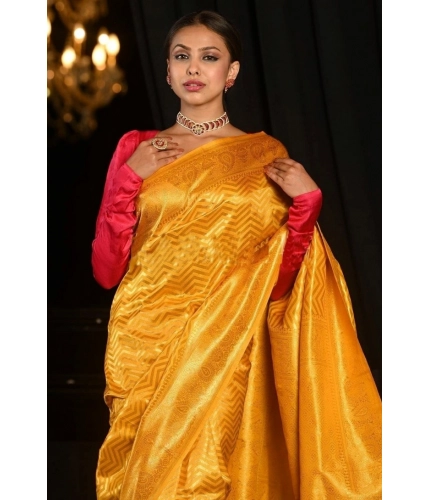 Women's Soft Lichi Silk Woven Saree With Unstitched Blouse 5.5Mtr (Yellow) Women's Soft Lichi Silk Woven Saree With Unstitched Blouse 5.5Mtr (Yellow)