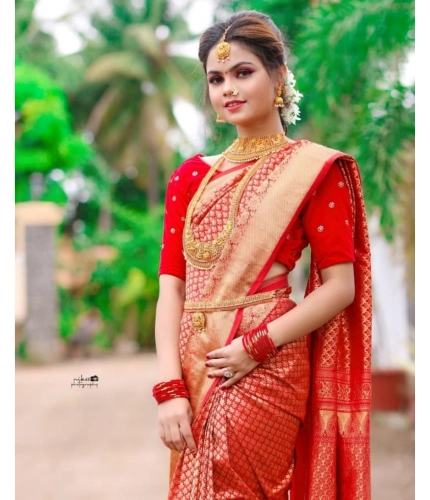 Women's Soft Lichi Silk Printed Saree With Unstitched Blouse 5.5Mtr (Red)