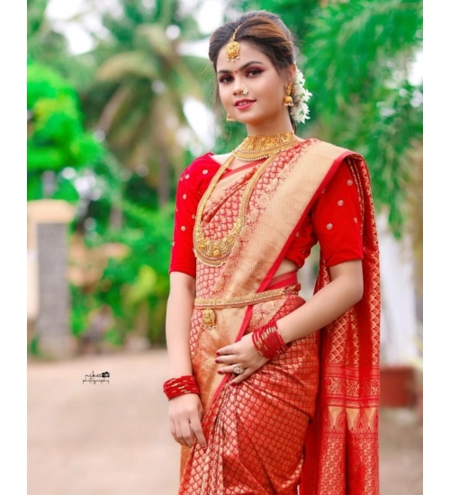 Women's Soft Lichi Silk Printed Saree With Unstitched Blouse 5.5Mtr (Red)