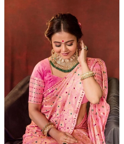 Women's Soft Lichi Silk Printed Saree With Unstitched Blouse 5.5Mtr (Pink)
