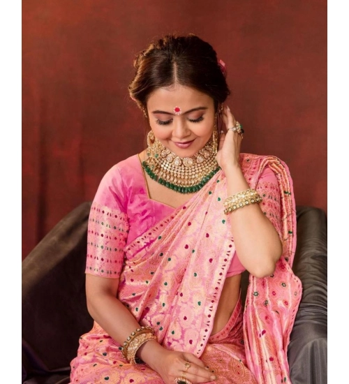 Women's Soft Lichi Silk Printed Saree With Unstitched Blouse 5.5Mtr (Pink)